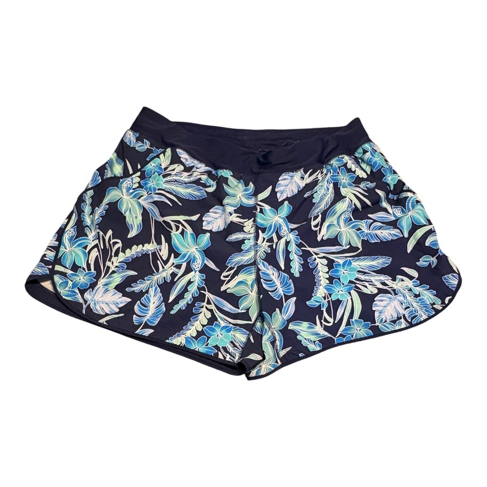 Lands End Womens Swim Board Shorts XL Navy Blue Pockets Floral Built-in Liner